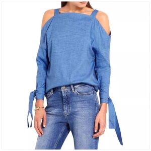 TIBI COLD SHOULDER TIE SLEEVE SQUARE NECK LS BLUE COTTON Denim BLOUSE Sz XS
